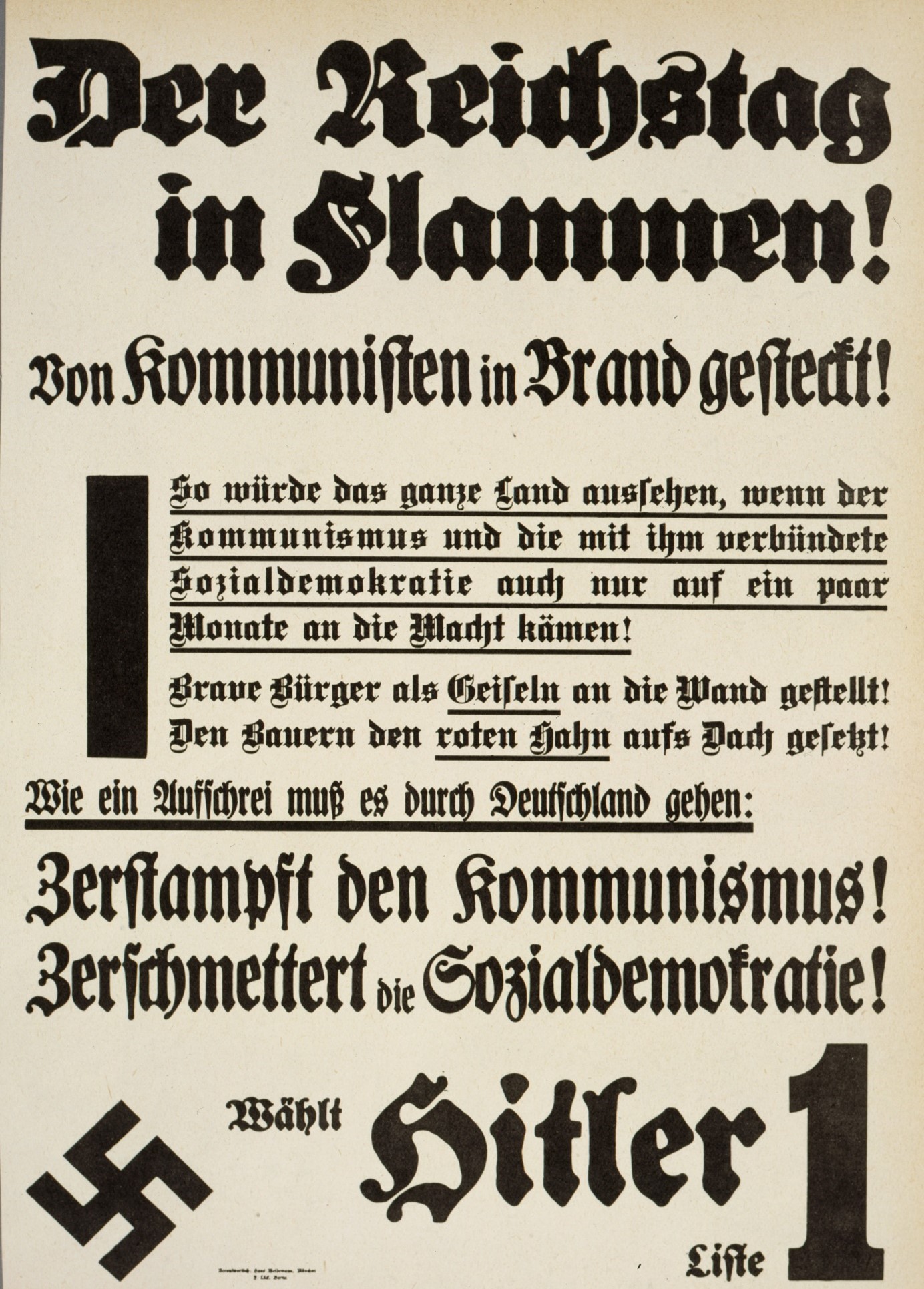 Abb. 1:	Originaltitel: „Der Reichstag in Flammen! / Von Kommunisten in Brand gesteckt!“, Datierung: 1933.