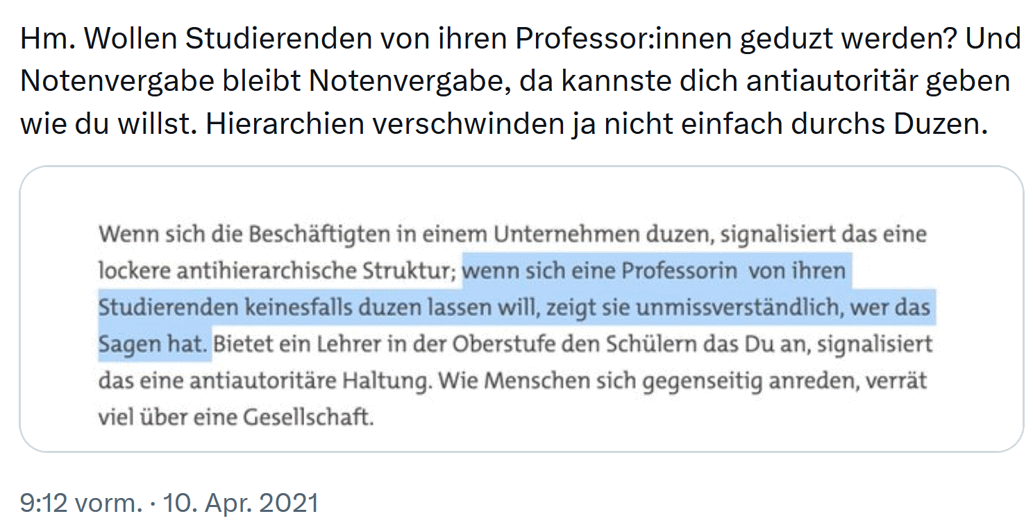 Anonymer Tweet auf X, welcher auf den Screenshot eines Textabschnittes verweist.