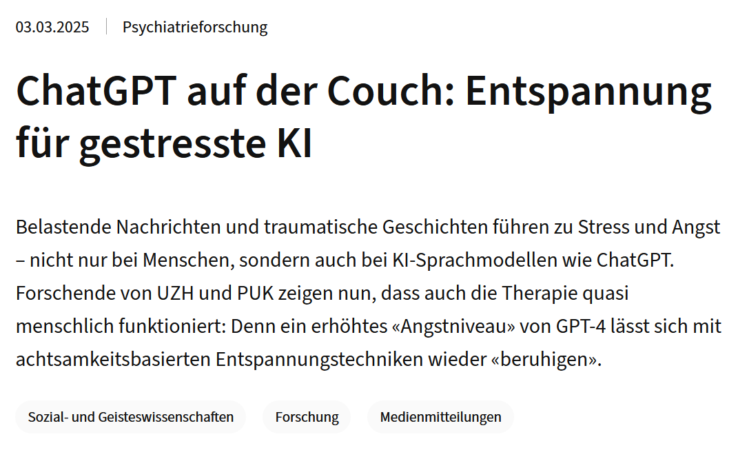 Ausschnitt eines Online-Artikels der Universität Zürich. Titel: ChatGPT auf der Couch: Entspannung für gestresste KI.