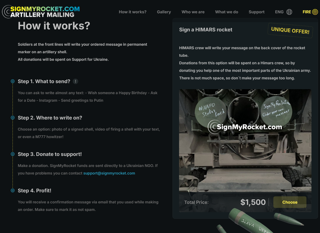 Abbildung 2: Beschriftung von Projektilen gegen Bezahlung als Solidaritäts- und Finanzierungskampag-ne im Ukraine-Abwehrkrieg (Screenshot der Seite https://signmyrocket.com vom 21.08.2025)