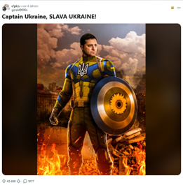 Abb. 2: Selenskyj im Kleide der Popfigur „Captain America“ aus Marvel’s The Avengers (reddit, 2022)